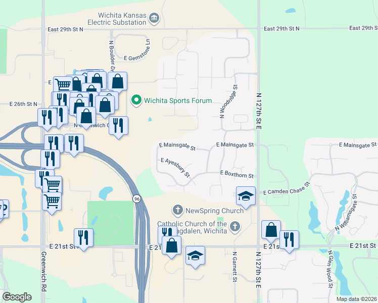 map of restaurants, bars, coffee shops, grocery stores, and more near 12301 East Mainsgate Street in Wichita