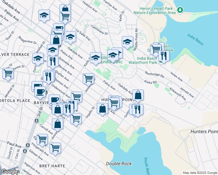 map of restaurants, bars, coffee shops, grocery stores, and more near 1195 Palou Avenue in San Francisco