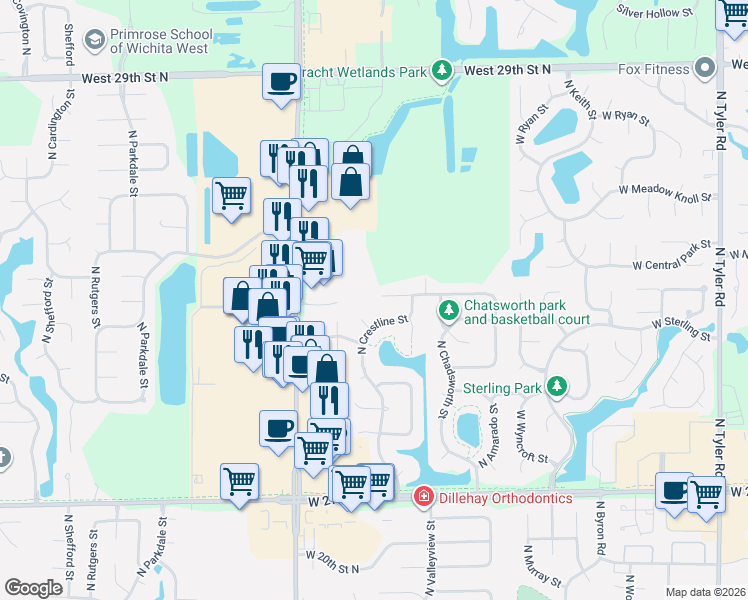 map of restaurants, bars, coffee shops, grocery stores, and more near 10017 West Chartwell Circle in Wichita