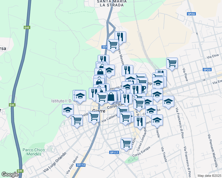 map of restaurants, bars, coffee shops, grocery stores, and more near 32 Via Vittorio Alfieri in Giarre