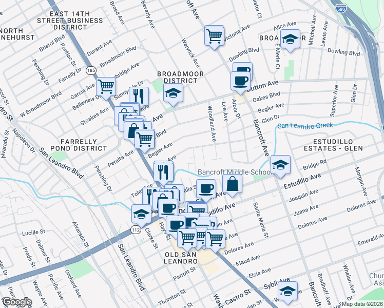 map of restaurants, bars, coffee shops, grocery stores, and more near 281 Haas Avenue in San Leandro