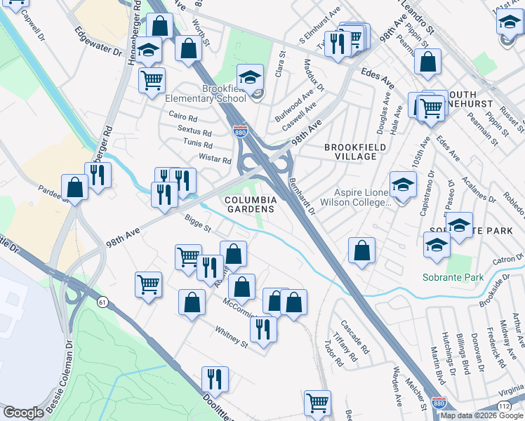 map of restaurants, bars, coffee shops, grocery stores, and more near 9926 Hesket Road in Oakland