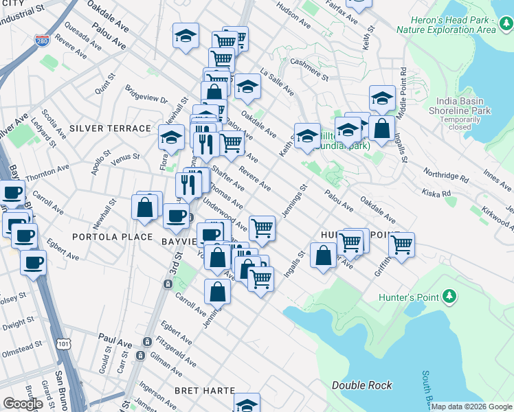 map of restaurants, bars, coffee shops, grocery stores, and more near 1446 Shafter Avenue in San Francisco