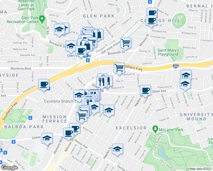 map of restaurants, bars, coffee shops, grocery stores, and more near 41 Camellia Avenue in San Francisco