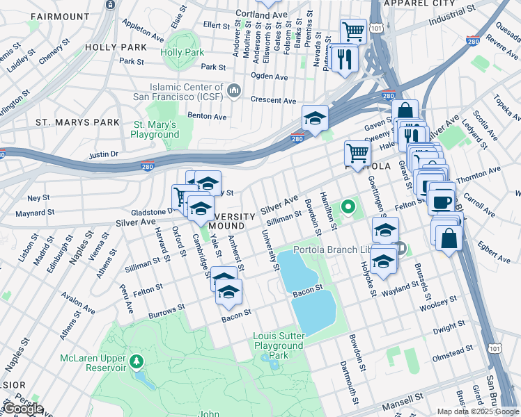 map of restaurants, bars, coffee shops, grocery stores, and more near 67 University Street in San Francisco