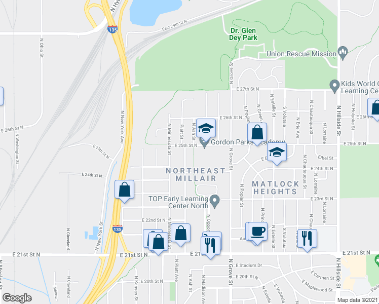 map of restaurants, bars, coffee shops, grocery stores, and more near 2550 North Piatt Street in Wichita