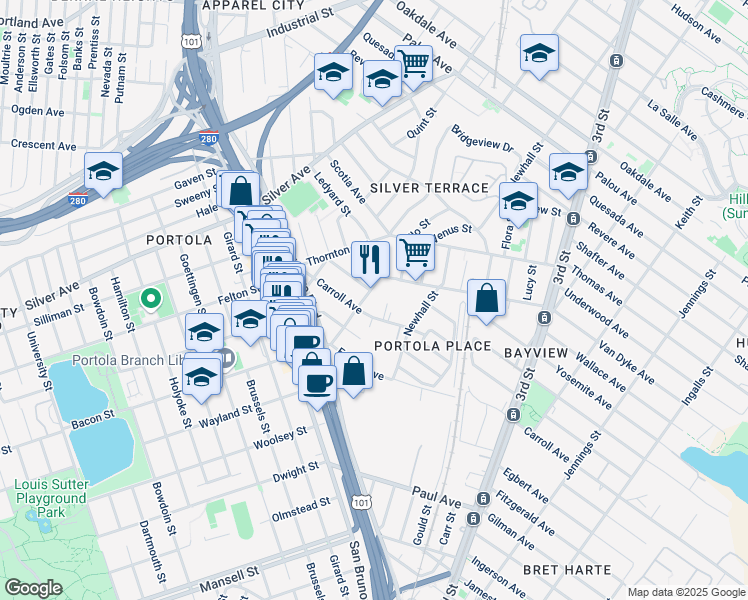 map of restaurants, bars, coffee shops, grocery stores, and more near 2525 Phelps Street in San Francisco