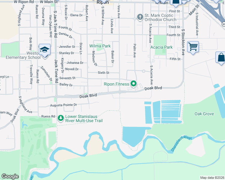 map of restaurants, bars, coffee shops, grocery stores, and more near 947 Doak Boulevard in Ripon