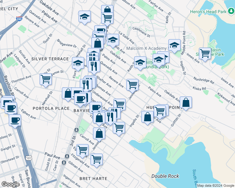 map of restaurants, bars, coffee shops, grocery stores, and more near 1475 Shafter Avenue in San Francisco
