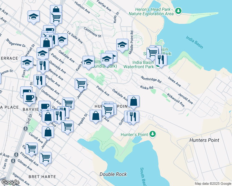 map of restaurants, bars, coffee shops, grocery stores, and more near 1165 Oakdale Avenue in San Francisco