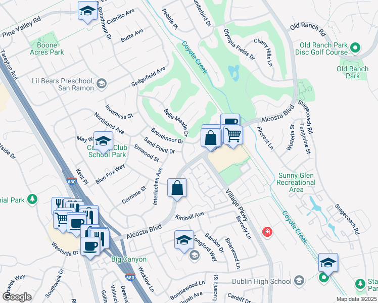 map of restaurants, bars, coffee shops, grocery stores, and more near 30 Broadmoor Court in San Ramon