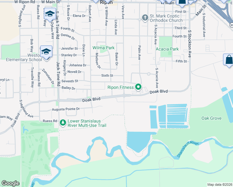 map of restaurants, bars, coffee shops, grocery stores, and more near 947 Doak Boulevard in Ripon