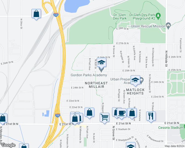 map of restaurants, bars, coffee shops, grocery stores, and more near 2550 North Piatt Avenue in Wichita