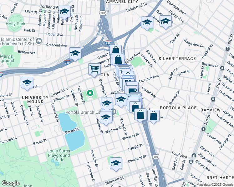 map of restaurants, bars, coffee shops, grocery stores, and more near 119 Felton Street in San Francisco