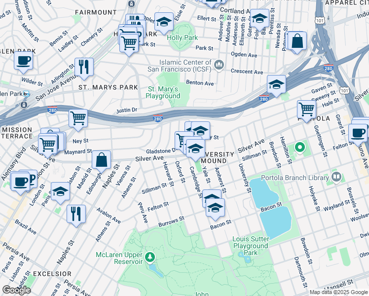map of restaurants, bars, coffee shops, grocery stores, and more near 176 Cambridge Street in San Francisco