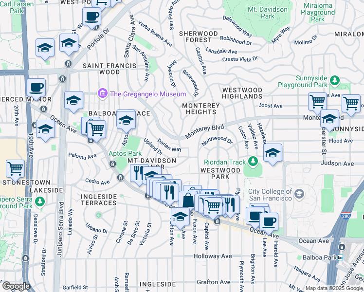 map of restaurants, bars, coffee shops, grocery stores, and more near 100 Northgate Drive in San Francisco
