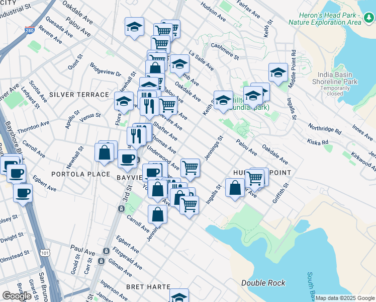 map of restaurants, bars, coffee shops, grocery stores, and more near 1475 Shafter Avenue in San Francisco