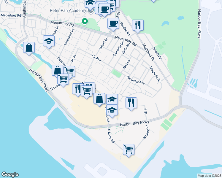 map of restaurants, bars, coffee shops, grocery stores, and more near 3433 Catalina Avenue in Alameda