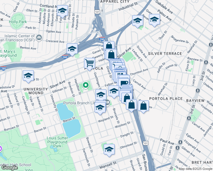 map of restaurants, bars, coffee shops, grocery stores, and more near Felton St & Brussels St in San Francisco