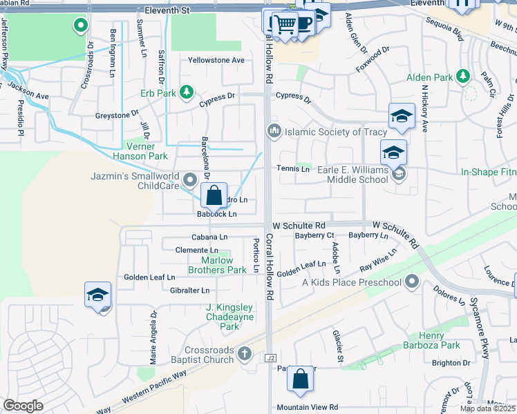 map of restaurants, bars, coffee shops, grocery stores, and more near 80 Nabor Court in Tracy