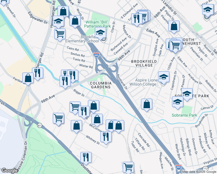 map of restaurants, bars, coffee shops, grocery stores, and more near 9926 Hesket Road in Oakland