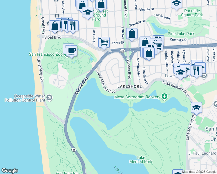 map of restaurants, bars, coffee shops, grocery stores, and more near 183 Lakeshore Drive in San Francisco