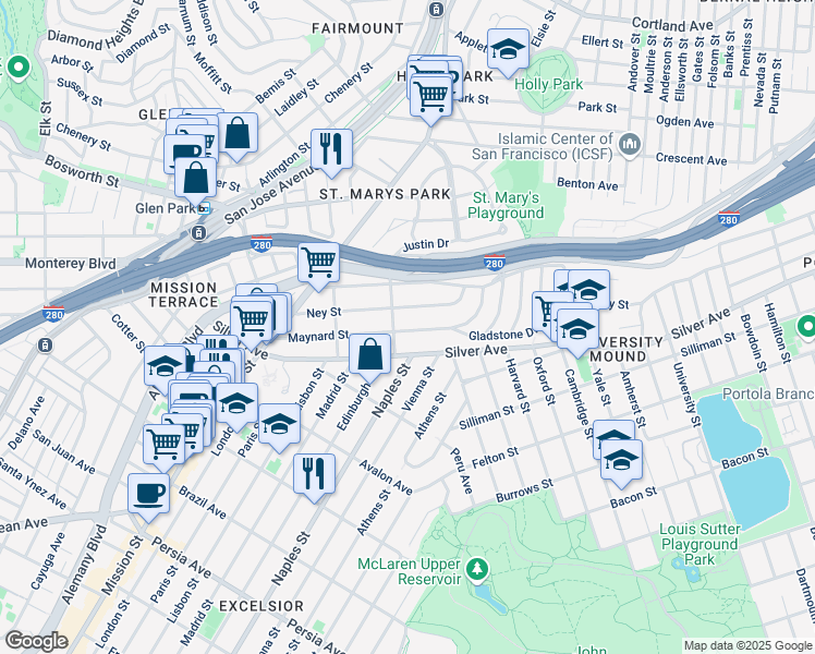 map of restaurants, bars, coffee shops, grocery stores, and more near 223 Maynard Street in San Francisco