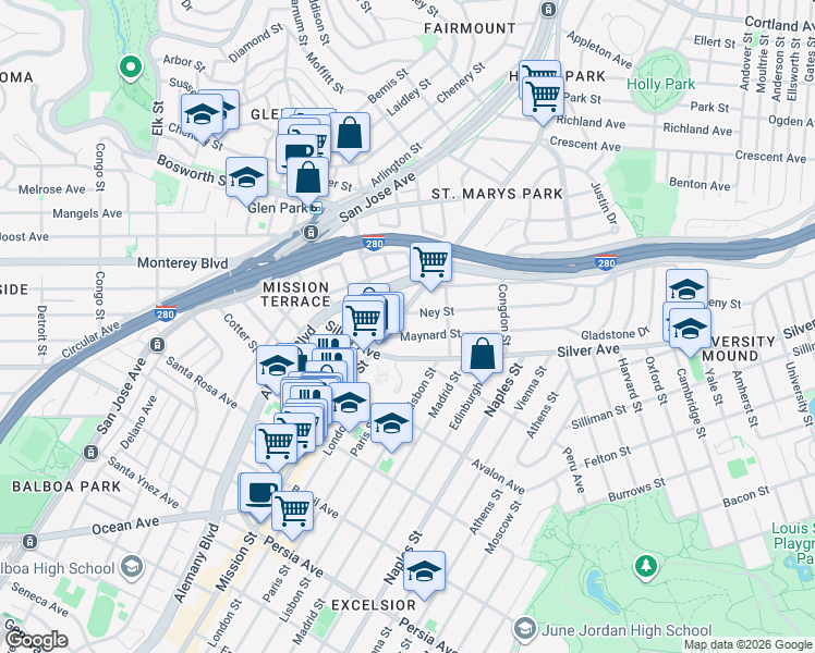 map of restaurants, bars, coffee shops, grocery stores, and more near 4225 Mission Street in San Francisco
