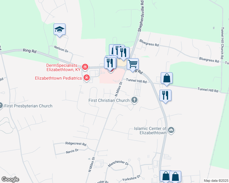 map of restaurants, bars, coffee shops, grocery stores, and more near 1900 North Miles Street in Elizabethtown