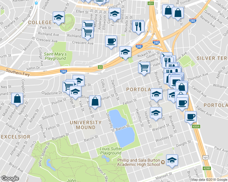 map of restaurants, bars, coffee shops, grocery stores, and more near 76 Dartmouth Street in San Francisco
