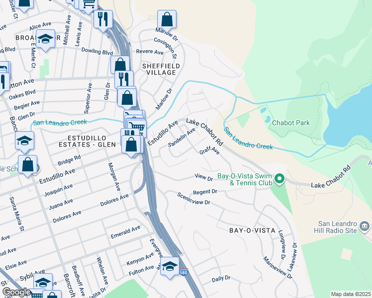 map of restaurants, bars, coffee shops, grocery stores, and more near 1380 East Juana Avenue in San Leandro