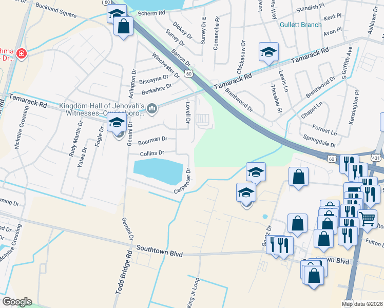 map of restaurants, bars, coffee shops, grocery stores, and more near 4001 Carpenter Drive in Owensboro