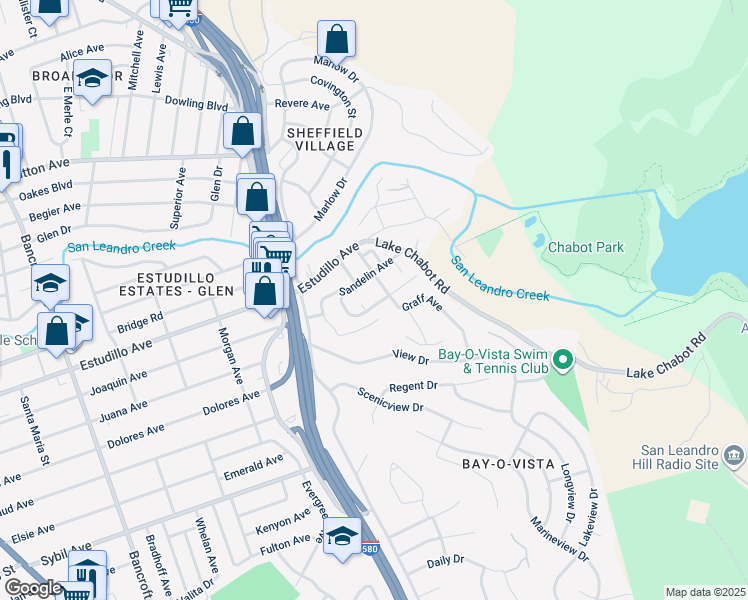 map of restaurants, bars, coffee shops, grocery stores, and more near 1380 East Juana Avenue in San Leandro