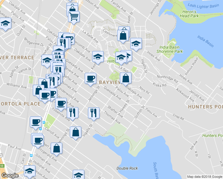 map of restaurants, bars, coffee shops, grocery stores, and more near 1322 Quesada Avenue in San Francisco