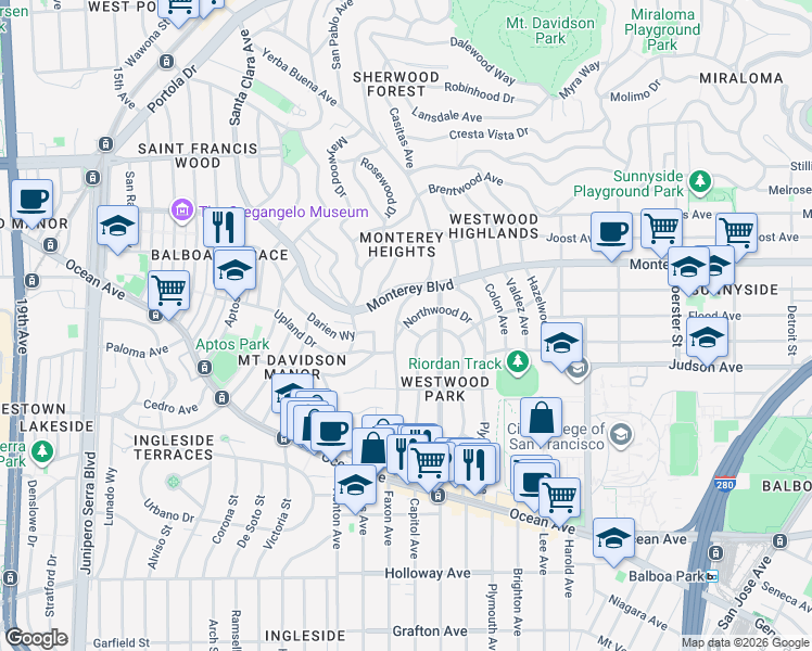 map of restaurants, bars, coffee shops, grocery stores, and more near 353 Northwood Dr in San Francisco