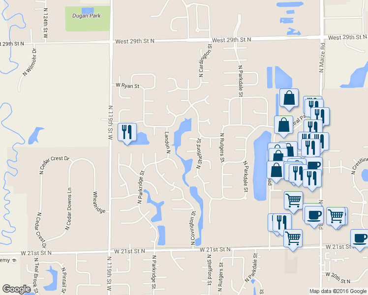map of restaurants, bars, coffee shops, grocery stores, and more near 2543 N Shefford Ct in Wichita