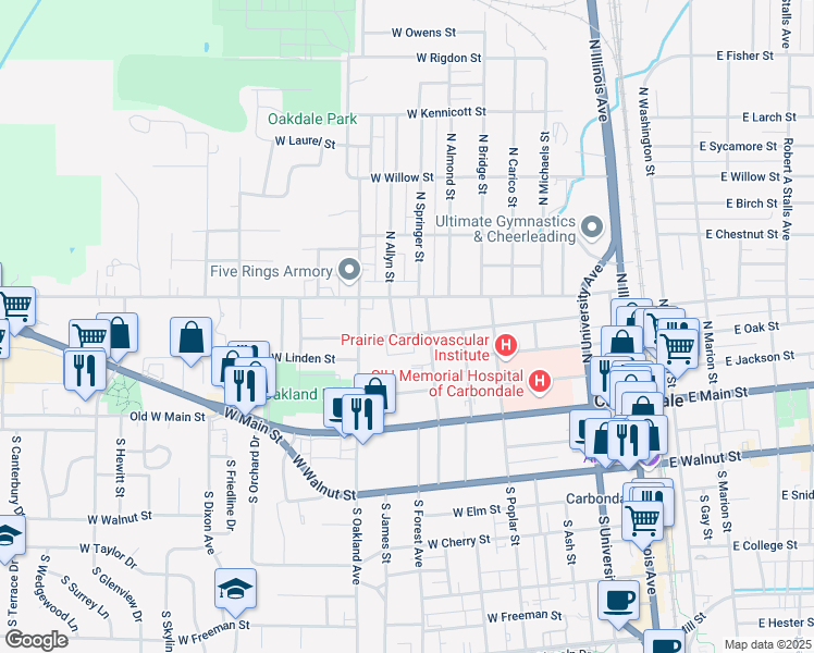 map of restaurants, bars, coffee shops, grocery stores, and more near 700 West Pecan Street in Carbondale