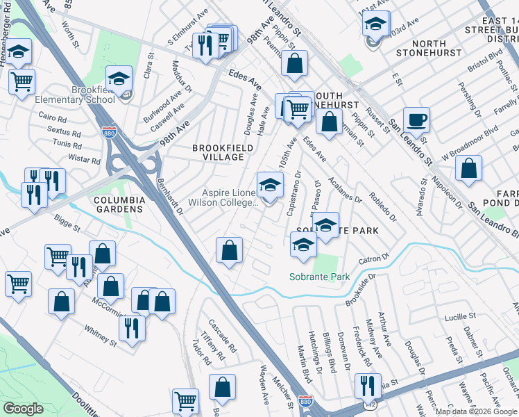 map of restaurants, bars, coffee shops, grocery stores, and more near 10338 Knight Street in Oakland