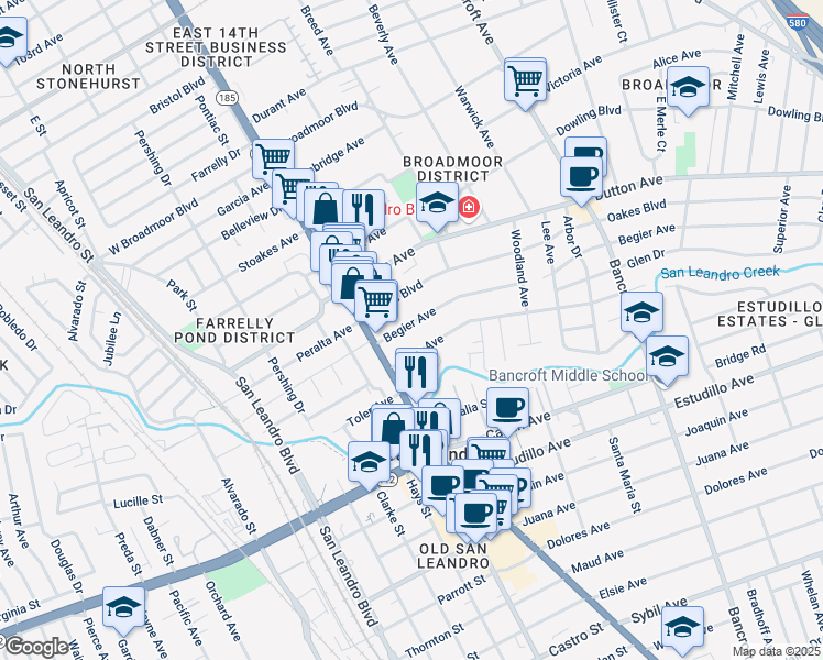 map of restaurants, bars, coffee shops, grocery stores, and more near 174 Haas Avenue in San Leandro