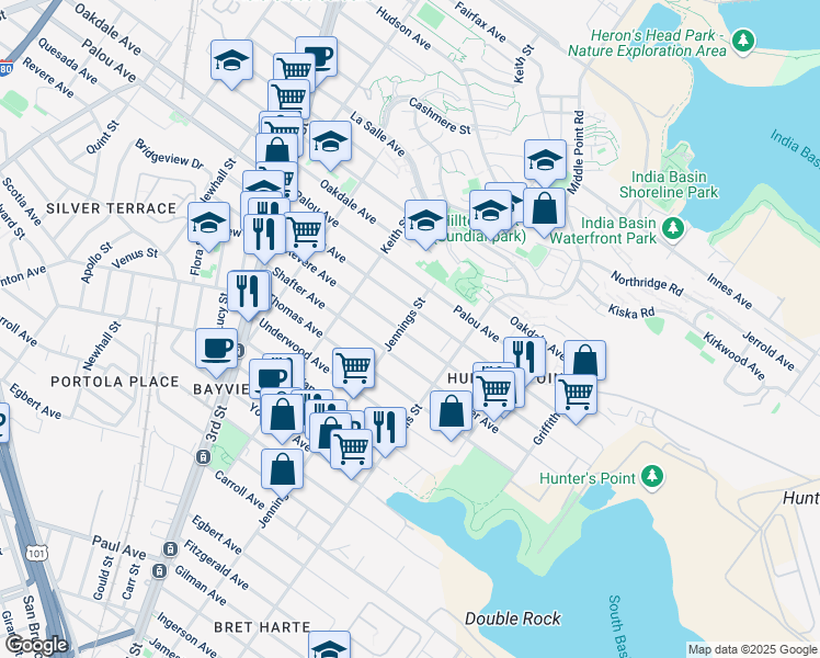 map of restaurants, bars, coffee shops, grocery stores, and more near 1390 Revere Avenue in San Francisco