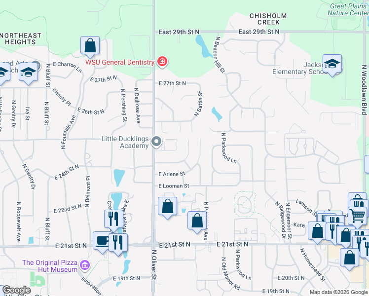 map of restaurants, bars, coffee shops, grocery stores, and more near 2517 North Bleckley Street in Wichita