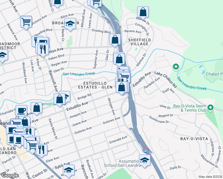 map of restaurants, bars, coffee shops, grocery stores, and more near in San Leandro