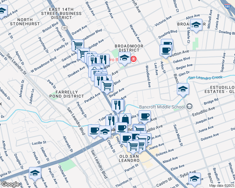 map of restaurants, bars, coffee shops, grocery stores, and more near 174 Haas Avenue in San Leandro