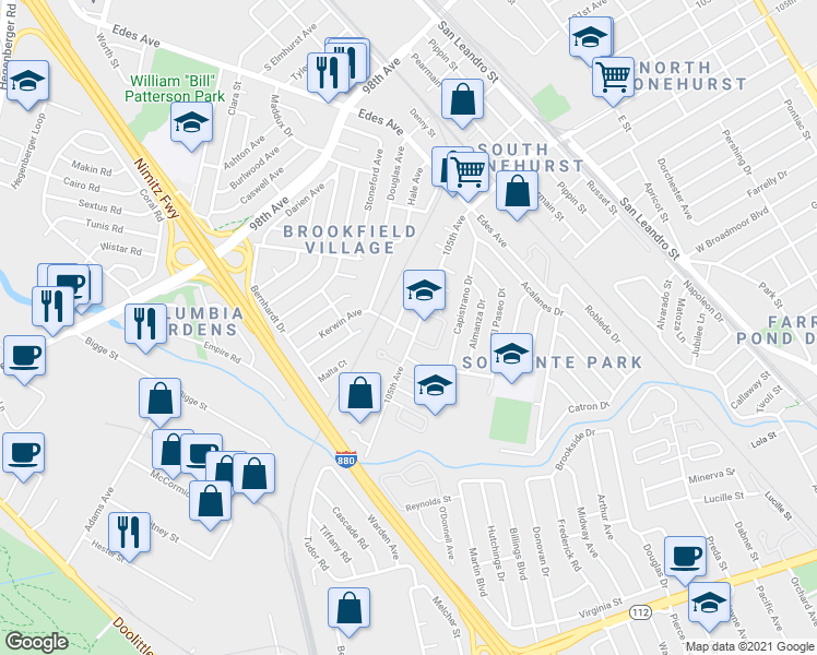 map of restaurants, bars, coffee shops, grocery stores, and more near 10329 Knight Street in Oakland