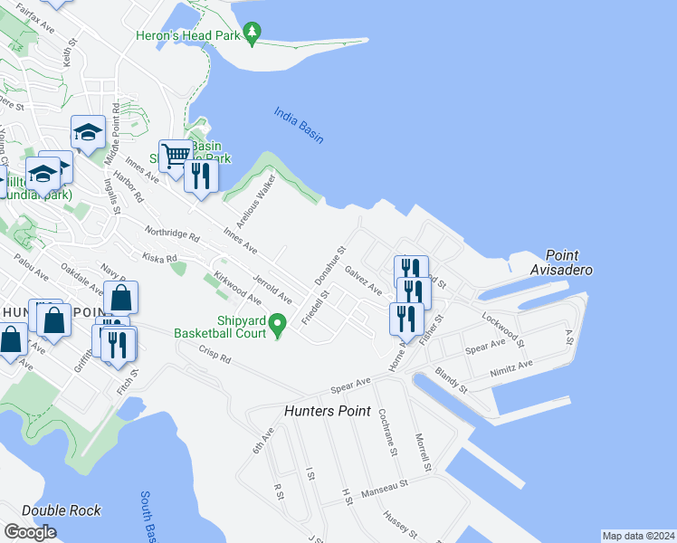 map of restaurants, bars, coffee shops, grocery stores, and more near 401 Galvez Avenue in San Francisco