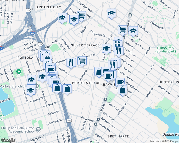 map of restaurants, bars, coffee shops, grocery stores, and more near 169 Williams Avenue in San Francisco