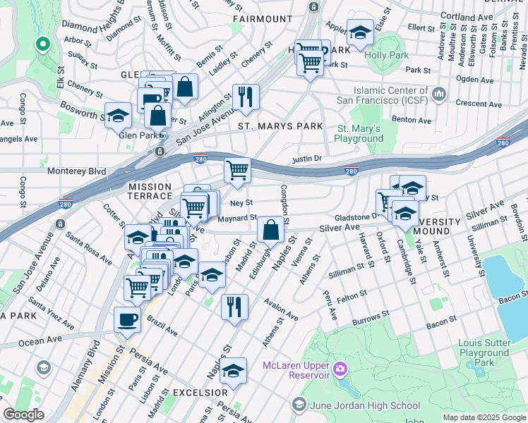 map of restaurants, bars, coffee shops, grocery stores, and more near 155 Maynard Street in San Francisco