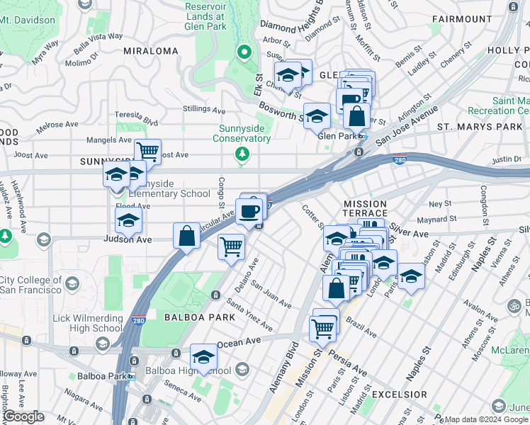 map of restaurants, bars, coffee shops, grocery stores, and more near 1759 San Jose Avenue in San Francisco