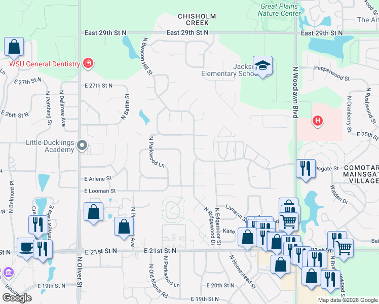 map of restaurants, bars, coffee shops, grocery stores, and more near 2522 North Beacon Hill Street in Wichita