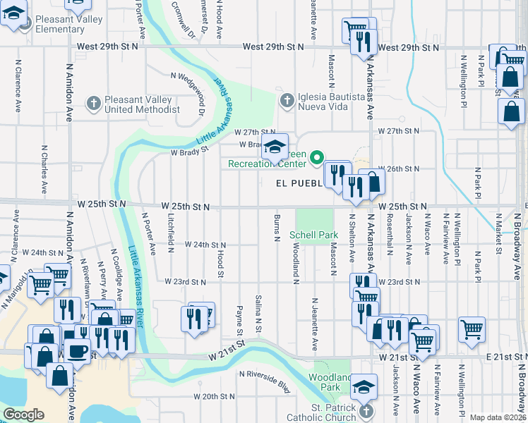map of restaurants, bars, coffee shops, grocery stores, and more near 2562 Salina North Street in Wichita